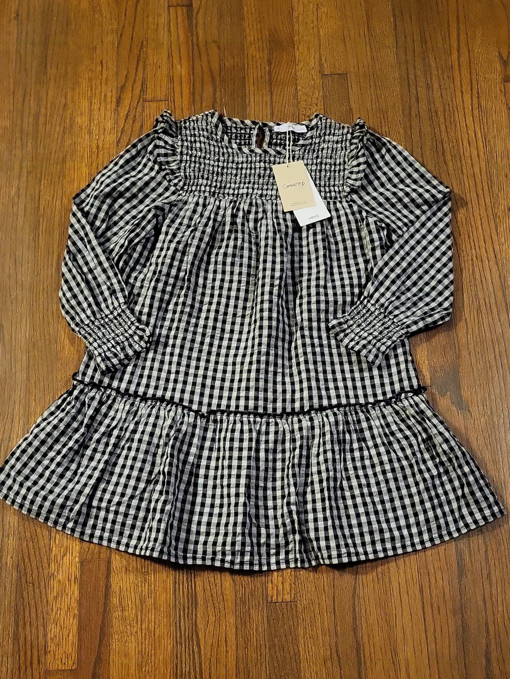Mango Black & White Gingham Smocked Kids Dress